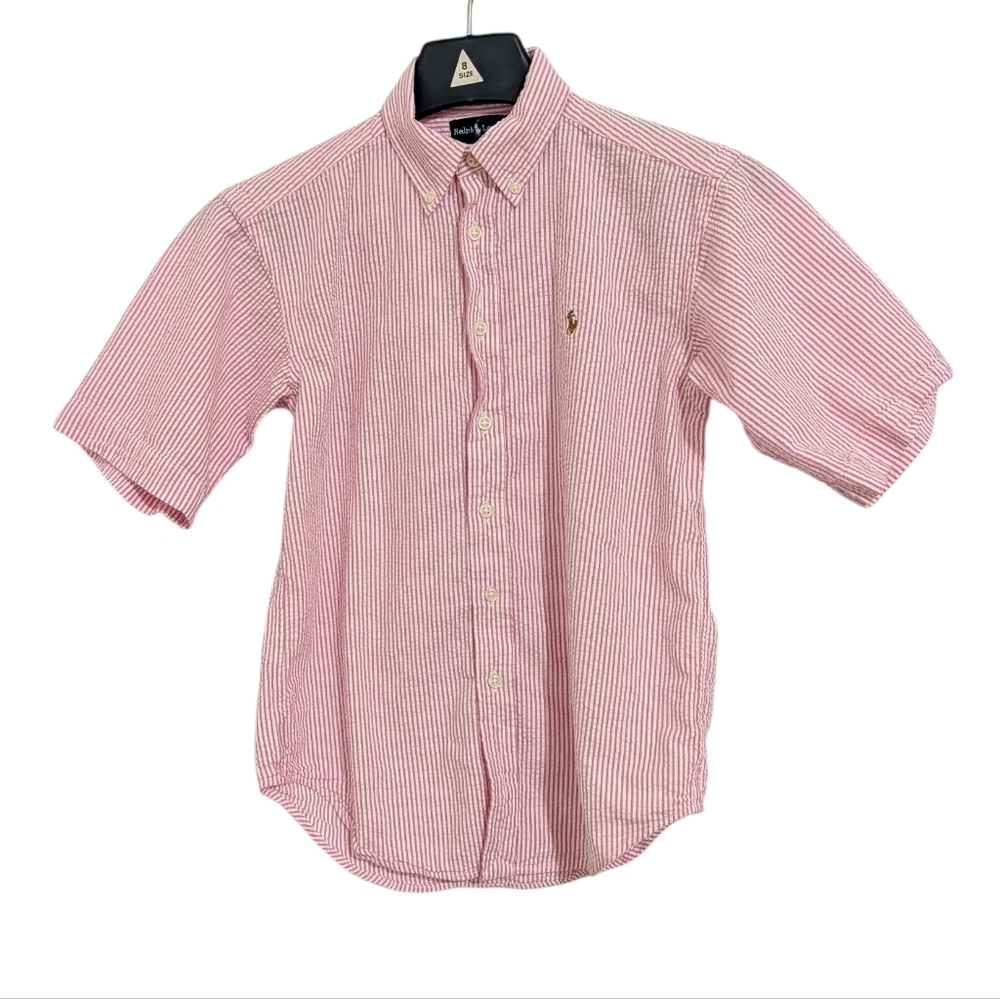 Ralph Lauren Striped Button Up Shirt Boys M 12/14 Pink White